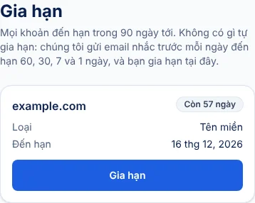 Trang Gia hạn của OlaCheap trên điện thoại: thẻ example.com với loại, ngày đến hạn, số ngày còn lại và nút Gia hạn