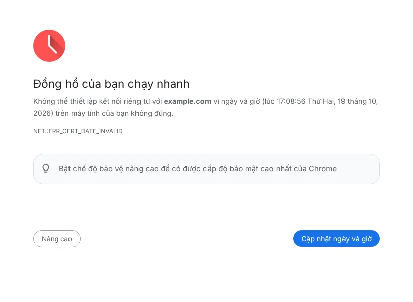 Màn hình Đồng hồ của bạn chạy nhanh của Chromium với mã NET::ERR_CERT_DATE_INVALID khi mở example.com có chứng chỉ đã hết hạn