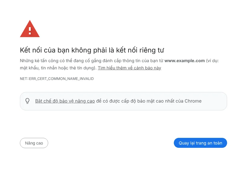 Cảnh báo Kết nối của bạn không phải là kết nối riêng tư của Chromium với mã NET::ERR_CERT_COMMON_NAME_INVALID khi mở www.example.com