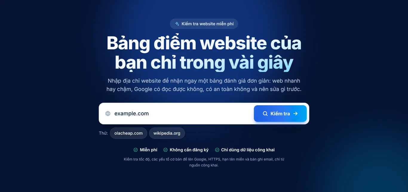 Công cụ Kiểm tra website của OlaCheap với ô nhập tên miền example.com