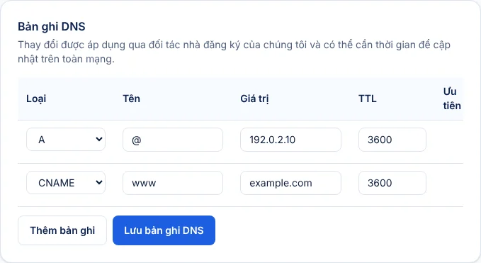 Trang quản lý DNS của OlaCheap với hai dòng đã điền: bản ghi A cho @ trỏ tới 192.0.2.10 và bản ghi CNAME cho www trỏ tới example.com