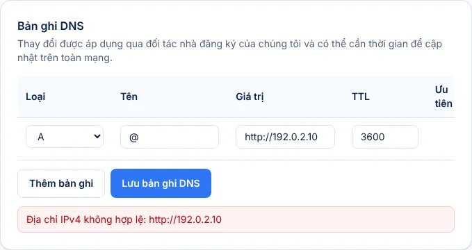 Thông báo lỗi Địa chỉ IPv4 không hợp lệ: http://192.0.2.10 trên trang quản lý DNS của OlaCheap
